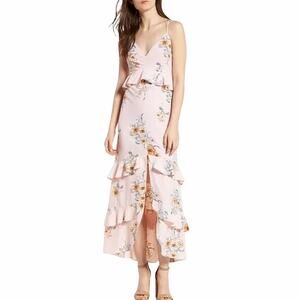 New Lush Pink Floral Ruffle Bow Tie Deep V  Split Front Cocktail Maxi Dress L